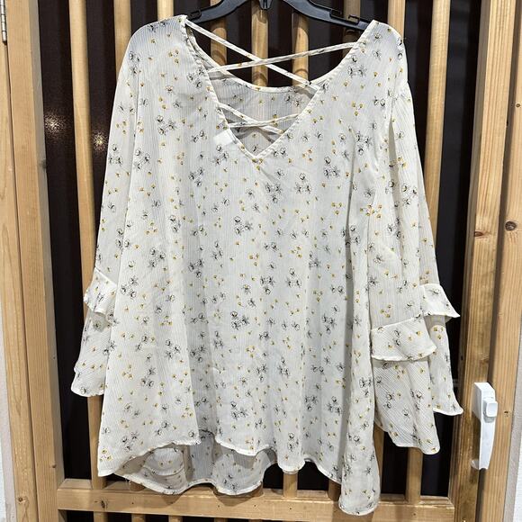 Torrid Blouse Plus 4X White Yellow Floral Ruffle Sleeve Sheer Tunic Top - Picture 4 of 10